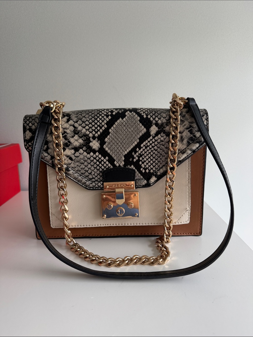 Aldo Tri-Tone Snake-Print Chain Shoulder Bag